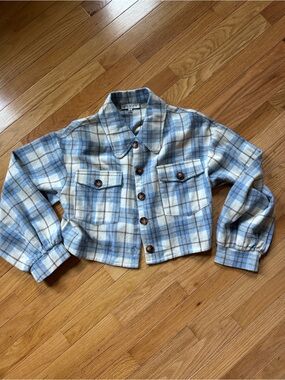 HYFVE Blue and Cream Plaid Cropped Jean Jacket